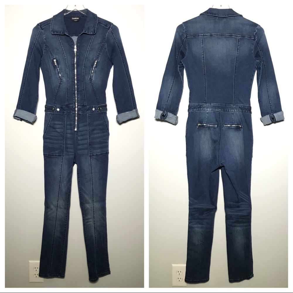 Bebe Long Sleeve Stretchy Denim Zip Up Jumpsuit